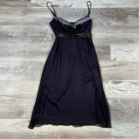 Ana Alcazar Black Silk Midi Dress with Sheer Overlay & Feather Trim Coquette - Picture 1 of 9